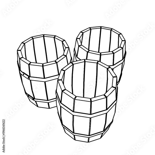 Outline for Coloring of Three Wooden Old Vintage Opened Empty Barrels. Vector Illustration.