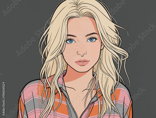 Young woman with blonde hair wearing a checkered shirt and posing with a neutral expression on her face in a simple and modern design style