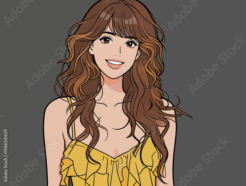 Young woman with long wavy hair wearing a yellow top smiling at the viewer in a simple setting