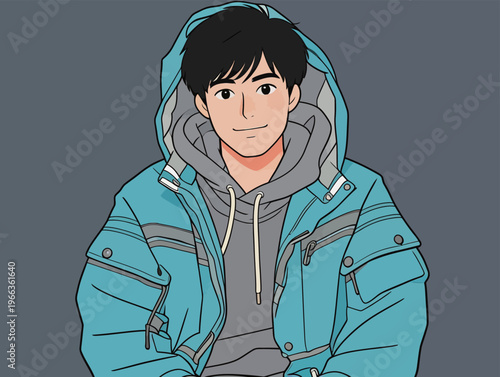Young man dressed in blue winter jacket with hood in simple graphic style against dark background
