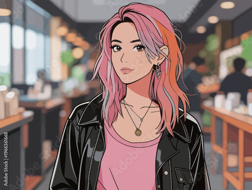 Young woman stands in a cafe with colorful hair while people are sitting and talking around her during a busy afternoon