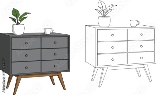modern wooden dresser cabinet furniture set with drawers interior design vector illustration isolated home decor storage chest minimalist style
