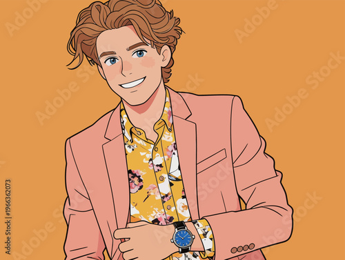 Man in a pink jacket with a floral shirt and blue watch smiles against an orange background during a casual setting