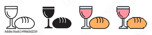 Easter bread and wine chalice icon set. Includes linear with editable stroke, flat color, solid glyph, and pixel art styles. Christian Eucharist sacrament symbols. Vector religious holiday graphics.