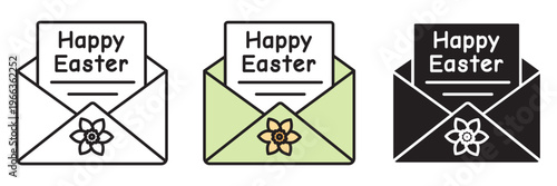 Vector set of Easter greeting letters in open envelopes. Includes editable stroke line art, flat color, and solid glyph versions in a clean minimalist style.