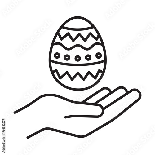 Minimalist linear vector icon featuring a decorated Easter egg held in a palm with an editable stroke. Clean outline style representing holiday tradition and spring celebration.