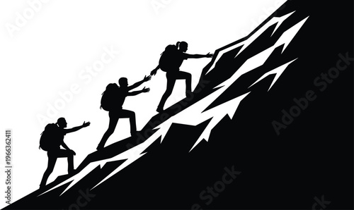 mountain climbing teamwork silhouette, hikers helping each other, leadership support concept, adventure success teamwork isolated white background