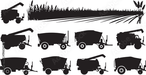 Silhouettes of various harvesters and tractors in a field