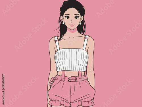 Young woman stands in stylish outfit against pink background while smiling softly and posing for the viewer