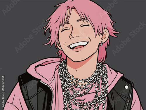 Bright pink-haired character smiles widely while wearing multiple chains and a casual outfit in a simple setting