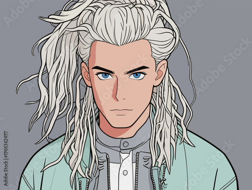 Young man with long light hair and blue eyes in simple clothing stands against a gray background, showing a serious expression and focused demeanor