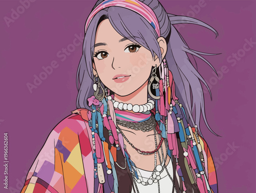 Young woman with colorful accessories posing against a purple background during a modern art event