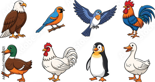 Cartoon-Style Bird Collection Featuring Eagle, Canary, Duck, Rooster, Penguin, and Chicken for Kids, Animal Illustrations, and Educational Content