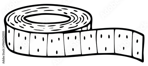 Black and white illustration of rolled measuring tape with dotted pattern, tailor's tool