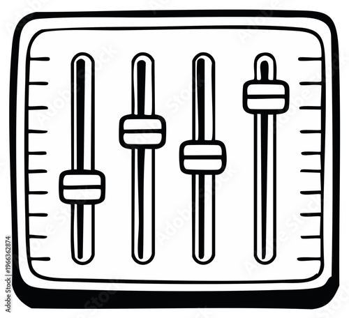 Hand Drawn Illustration of a Sound Mixer with Four Faders Showing Different Levels