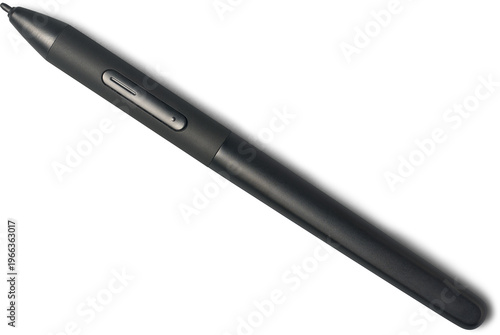 black digital stylus pen for graphics tablet isolated white background, matte plastic finish with pressure-sensitive tip and side toggle, top view with shadows