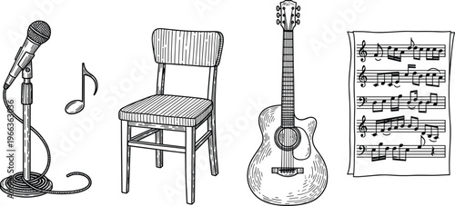 music, microphone, guitar, chair, notes, sheet, instrument, melody, sound, performance, acoustic, musical, studio, entertainment, concert, practice, composition, art, icon, illustration