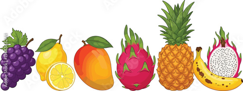 Colorful Fruit Set with Grapes, Lemons, Mango, Pineapple, Banana, and Dragonfruit for Health, Nutrition, and Fresh Food Designs