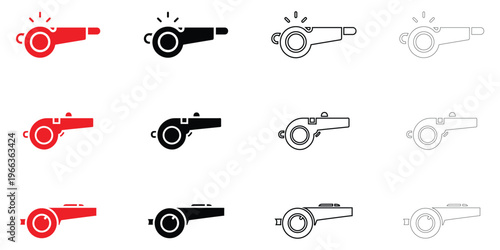 Whistle icon vector set, sports referee coach blow whistle emblem vector, silhouette and line art illustration