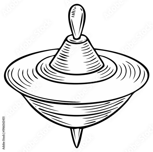 Classic spinning top toy illustration drawing in monochrome showing motion and play
