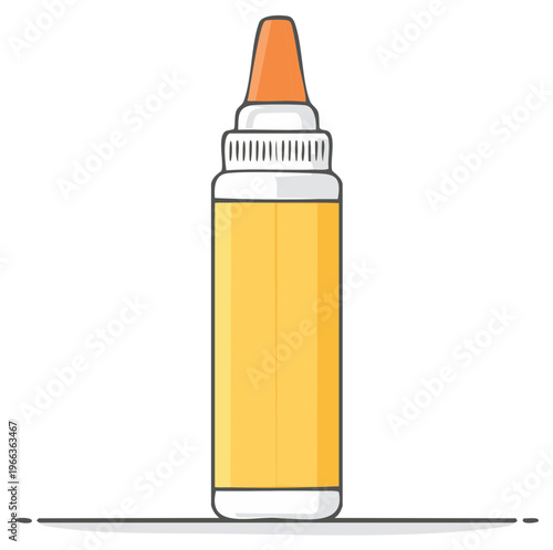 Yellow liquid bottle with orange applicator and ribbed cap for dispensing
