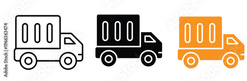 Truck icons in black and white and orange color schemes for logistics and transportation concepts