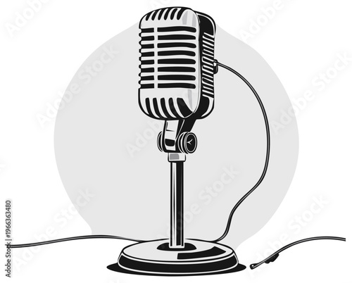 Vintage silver microphone graphic illustration for radio broadcasting or entertainment events, detailed black and white vector drawing, isolated on light gray.