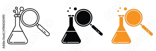 Three colorful icons of laboratory flasks with magnifying glasses on white background for science and research concepts