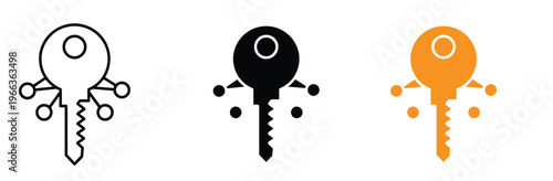 Three colored key icons in black, White, And orange on white background for business, Security, And unlock concepts