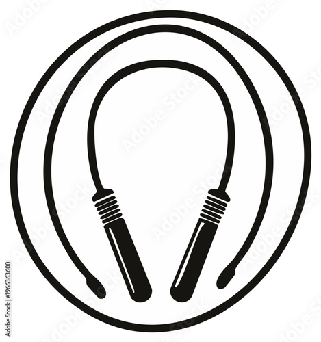 Black and white illustration of a jumping rope coiled inside a circle representing fitness and exercise