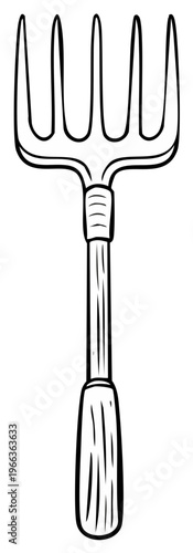 Garden fork illustration, drawing of gardening tool, black and white outline.