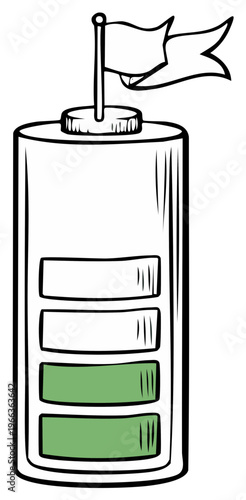 Hand drawn battery with flag indicating low energy charge and partial power level