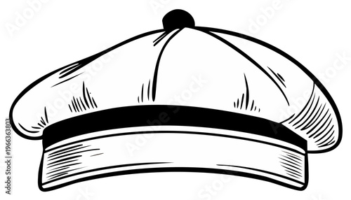 Beret Cap Hand Drawn Line Art Illustration Black and White Painter Fashion Hat