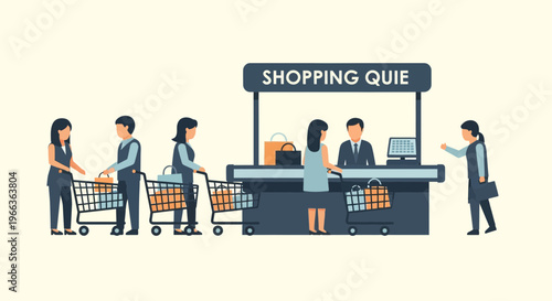 People waiting in a shopping queue at a retail checkout counter with carts