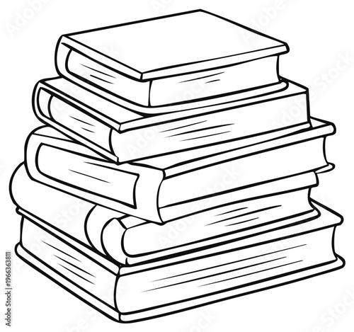 Stack of books illustration, stack of five books, reading education black and white drawing