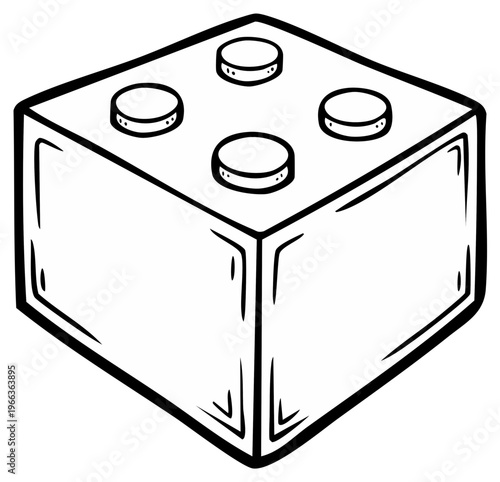 Line Art of a Simple Four-Stud Building Block, Isometric View, Black and White