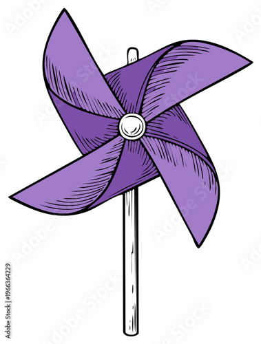 Purple pinwheel toy illustration. Colorful decorative whirligig windmill on a stick