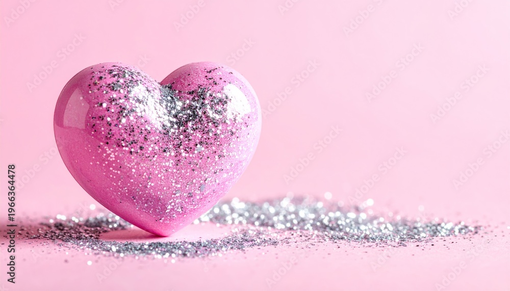 Fototapeta premium Pink heart with silver glitter on pink background.