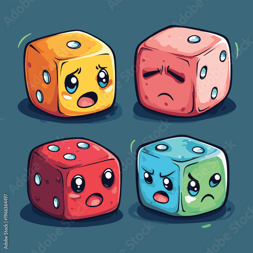 Illustration of a character whose emotions are shown through the changing colors of the dice they roll , vector style simple color