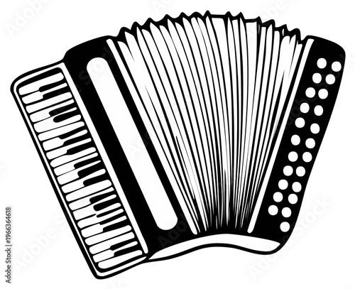 Illustration of a detailed black and white accordion music instrument isolated