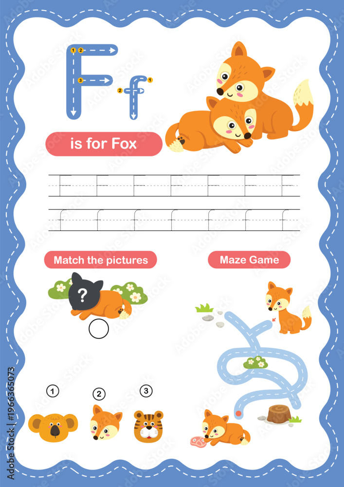 Fototapeta premium Alphabet Letter F Tracing Worksheet for Kids, Preschool and Kindergarten Handwriting Practice, F is for Fox ABC Learning Printable