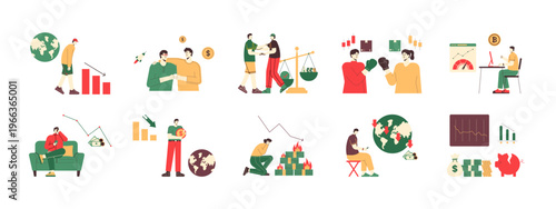 Collection of 10 trade war illustrations. Flat vector concept.