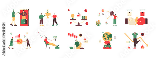 Collection of 10 trade war illustrations. Flat vector concept.