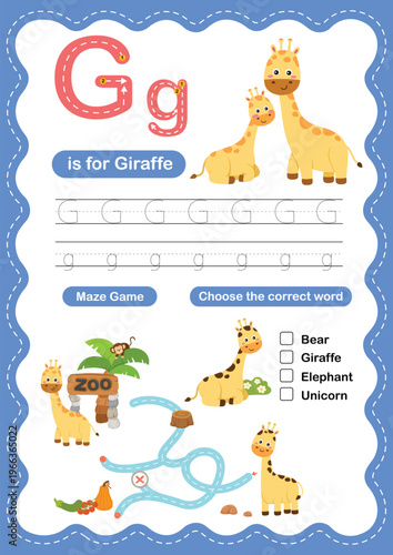 Alphabet Letter G Tracing Worksheet for Kids, Preschool and Kindergarten Handwriting Practice, G is for Giraffe ABC Learning Printable