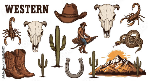 Western Cowboy Elements: Skull, Cactus, Scorpion, Snake, Horseshoe, Boot, Sunset