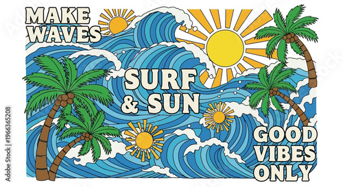 Surf and Sun Tropical Beach Vibes with Palm Trees and Waves