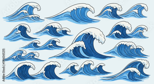 Collection of Stylized Ocean Waves - Blue Water Surfing