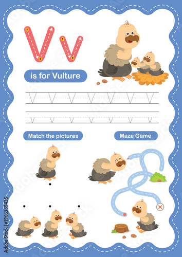Alphabet Letter V Tracing Worksheet for Kids, Preschool and Kindergarten Handwriting Practice, V is for Vulture ABC Learning Printable