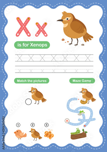 Alphabet Letter X Tracing Worksheet for Kids, Preschool and Kindergarten Handwriting Practice, X is for Xenops ABC Learning Printable