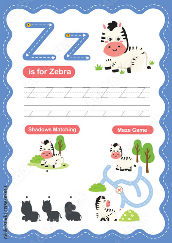 Alphabet Letter Z Tracing Worksheet for Kids, Preschool and Kindergarten Handwriting Practice, Z is for Zebra ABC Learning Printable